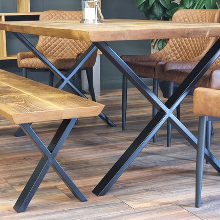 Louth XF Dining Table Solid Wood Chamfer Edge - Industrial X Frame Steel Legs - Modern Rustic Interior Design Cozy Natural and Stylish