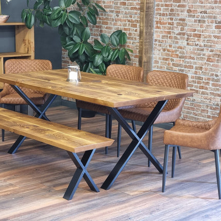 Louth XF Dining Table Solid Wood Chamfer Edge - Industrial X Frame Steel Legs - Modern Rustic Interior Design Cozy Natural and Stylish