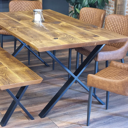 Louth XF Dining Table Solid Wood Chamfer Edge - Industrial X Frame Steel Legs - Modern Rustic Interior Design Cozy Natural and Stylish