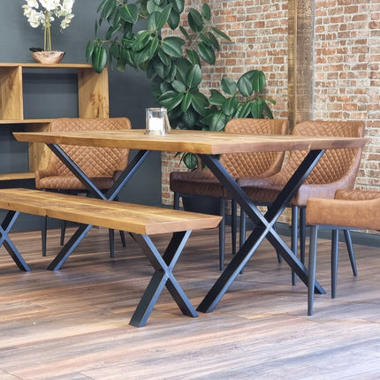 Louth XF Dining Table Solid Wood Chamfer Edge - Industrial X Frame Steel Legs - Modern Rustic Interior Design Cozy Natural and Stylish