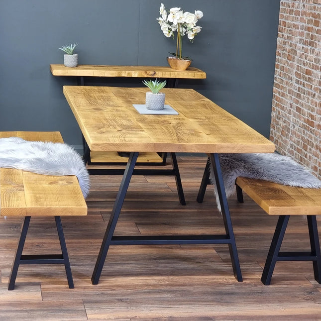 Calia Style Industrial Dining Table Rustic Wood A-FRAME STEEL LEGS Cotswold