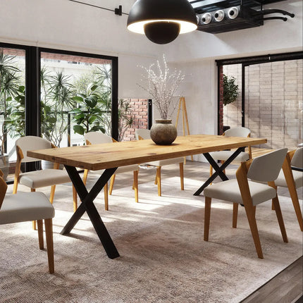 Brigg Straight Edge Rustic Dining Table Steel X Frame Legs