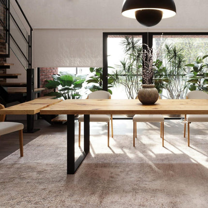 Brigg Dining Table Straight Edge Extendable 2 Sides Dining Table Kitchen Industrial Rustic Wood, Square Steel Legs