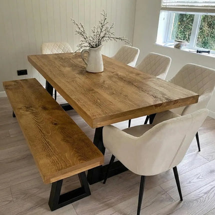 Tealby TP Chunky Dine Table Rustic Natural Wood - Industrial Trapezium Chunky Frame Legs- Rustic Wood - Handmade Stylish Cozy and Natura