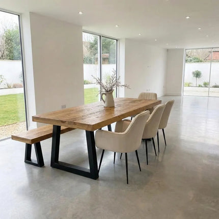 Tealby TP Chunky Dine Table Rustic Natural Wood - Industrial Trapezium Chunky Frame Legs- Rustic Wood - Handmade Stylish Cozy and Natura