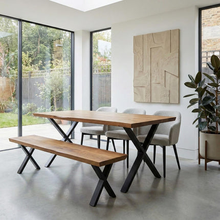 Louth XF Dining Table Solid Wood Chamfer Edge - Industrial X Frame Steel Legs - Modern Rustic Interior Design Cozy Natural and Stylish