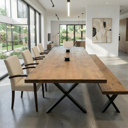 Brigg Straight Edge Rustic Dining Table Steel X Frame Legs