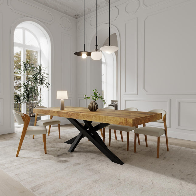 Boston Crossover Dining Table Rustic Solid Wood  Straight Edge Dining Table Crossover Steel Base