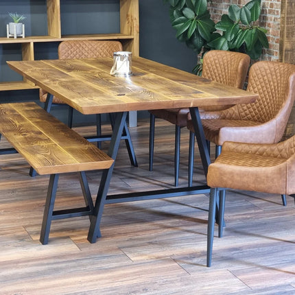 Louth AF Dining Table Solid Wood Chamfer Edge - Industrial A Frame Steel Legs - Modern Rustic Interior Design Cozy Natural and Stylish