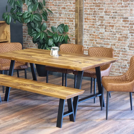 Louth AF Dining Table Solid Wood Chamfer Edge - Industrial A Frame Steel Legs - Modern Rustic Interior Design Cozy Natural and Stylish