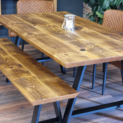 Louth AF Dining Table Solid Wood Chamfer Edge - Industrial A Frame Steel Legs - Modern Rustic Interior Design Cozy Natural and Stylish
