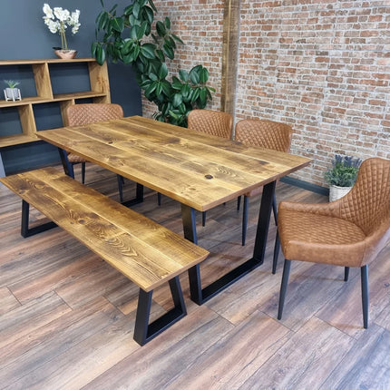 Louth VF Dining Table Solid Wood Chamfer Edge - Industrial V Frame Steel Legs - Modern Rustic Interior Design Cozy Natural and Stylish