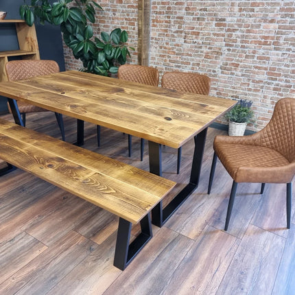 Louth VF Dining Table Solid Wood Chamfer Edge - Industrial V Frame Steel Legs - Modern Rustic Interior Design Cozy Natural and Stylish