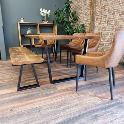 Louth VF Dining Table Solid Wood Chamfer Edge - Industrial V Frame Steel Legs - Modern Rustic Interior Design Cozy Natural and Stylish