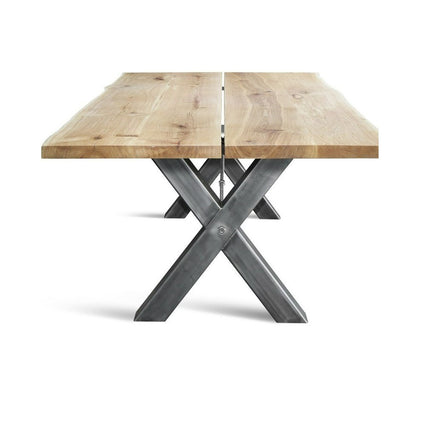 Birthope Solid Oak Dining Table Steel Legs Chunky XF with Steel Bar
