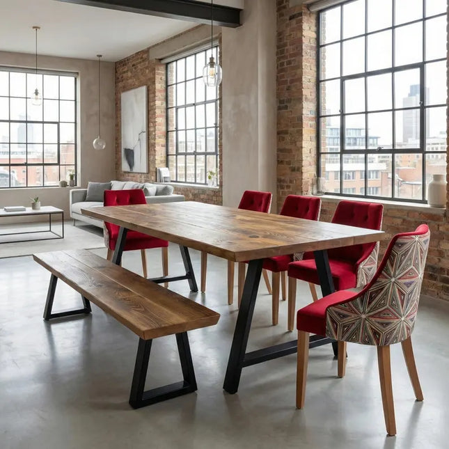 Louth AF Dining Table Solid Wood Chamfer Edge - Industrial A Frame Steel Legs - Modern Rustic Interior Design Cozy Natural and Stylish