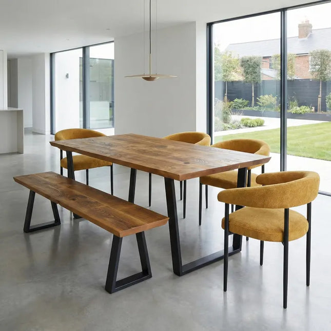 Louth VF Dining Table Solid Wood Chamfer Edge - Industrial V Frame Steel Legs - Modern Rustic Interior Design Cozy Natural and Stylish
