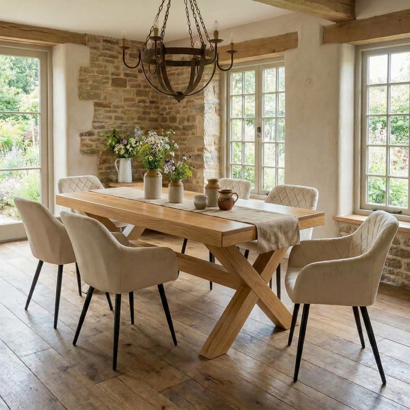 Orby Rustic Solid Oak Dining Table with Chunky Wooden X-Frame Legs & Support Beam