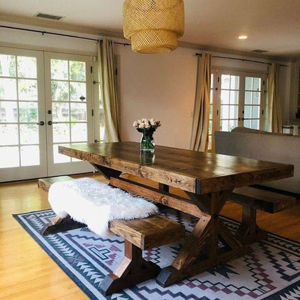 Rustic Farmhouse Clifford Dining Table – Handmade Kitchen Table X Wooden Base