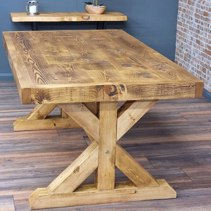 Rustic Farmhouse Clifford Dining Table – Handmade Kitchen Table X Wooden Base