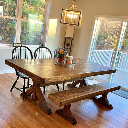 Rustic Farmhouse Clifford Dining Table – Handmade Kitchen Table X Wooden Base