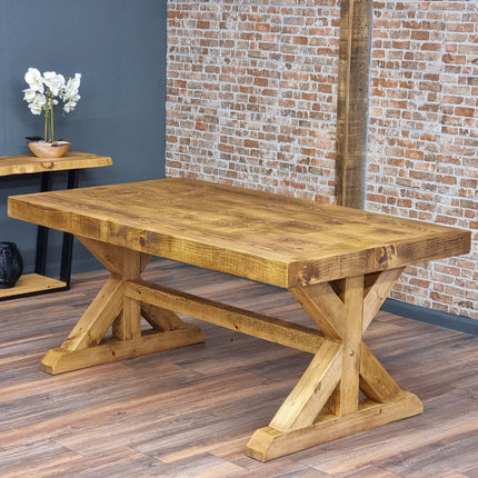 Rustic Farmhouse Clifford Dining Table – Handmade Kitchen Table X Wooden Base