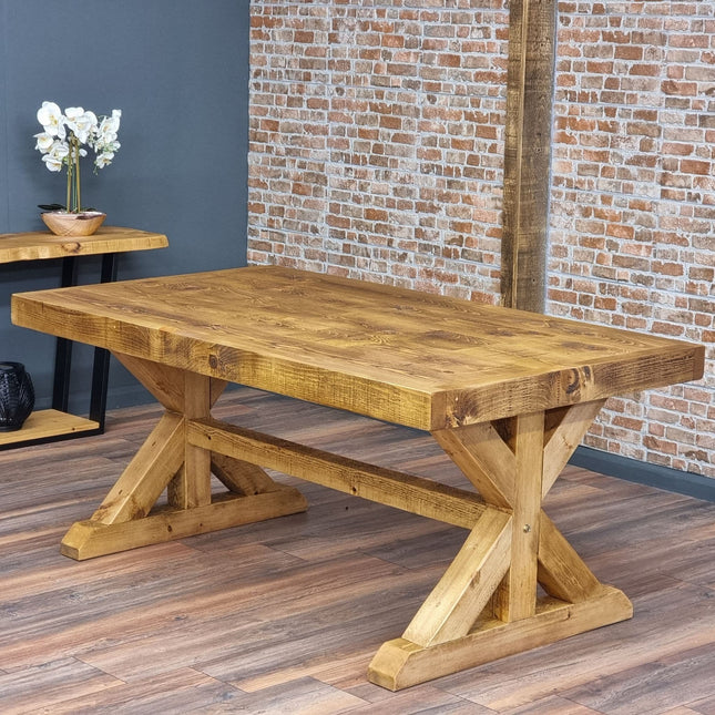 Rustic Farmhouse Clifford Dining Table – Handmade Kitchen Table X Wooden Base
