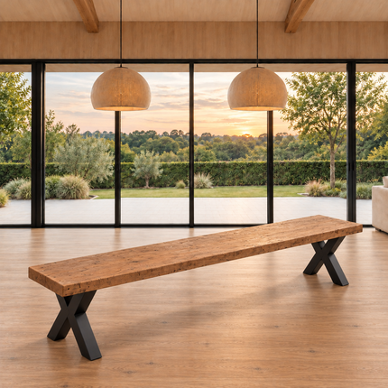 Wrangle Solid Oak Dining Bench X Frame Black Steel Leg